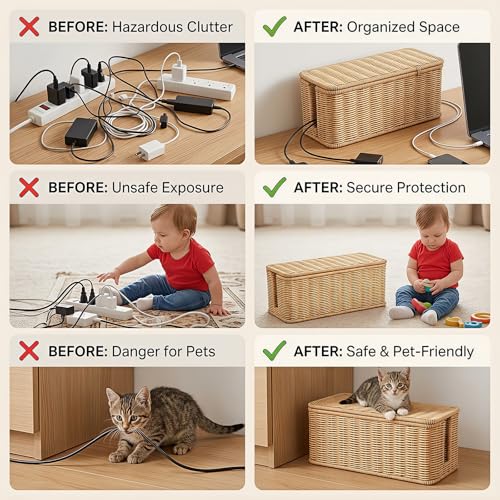 Cord Organizer Woven Cable Management Storage Box with Lid - Image 7