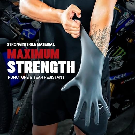 Heavy Duty 6 Mil Black Nitrile Gloves - Disposable, Latex & Powder Free | Mechanic, Food Prep & Tattoo | Rubber Gloves for Cooking, Cleaning & Household | Pack of (100)