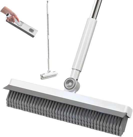 Floor Scrub Brush, 2 in 1 Cleaning Brush with Long Handle,Floor Scrubber Suit for Kitchen, Bedroom, Patio, Shower, Garage & Deck - Heavy Duty Tile, Concrete & Wood Surface Scrubber（White Grey）