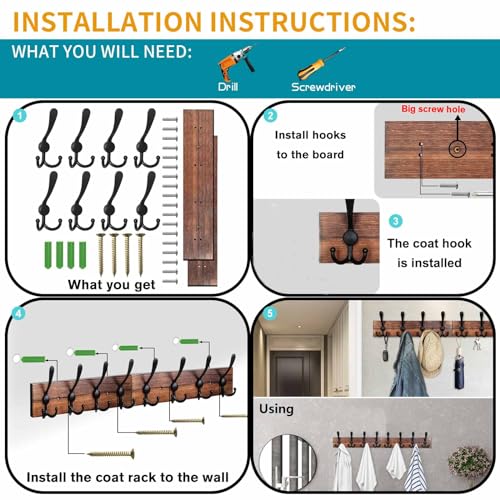 Coat Rack Wall Mount 31.5'' Coat Hanger Wall Mount Burnt - Image 8
