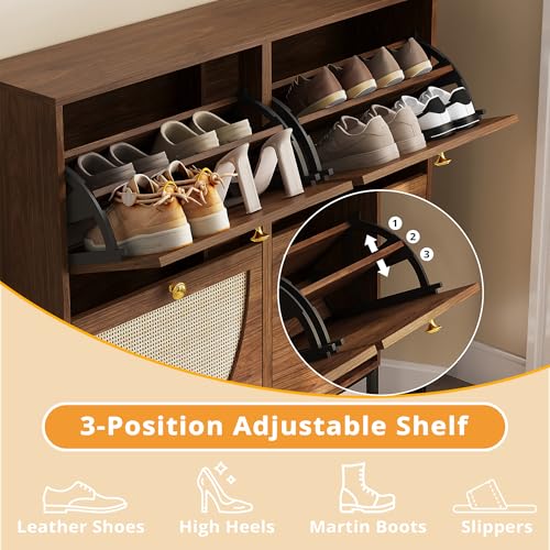 IRONCK Rattan Shoe Cabinet Storage with 4 Flip Drawers, Walnut - Image 6