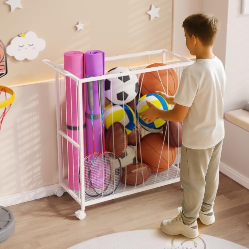 Ball Storage Bin Rolling Sports Ball Cart, White - Image 3