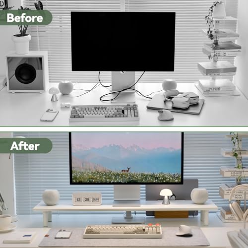 Bamboo Dual Monitor Stand Riser, White Desk Shelf with Storage - Image 6
