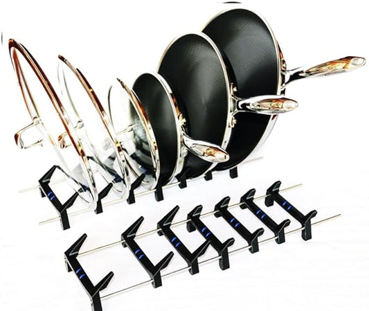 Pan & lid rack for storage or drying for kitchenware from Hexclad, T-fal, Circulon, Calphalon, Carote, Cuisinart, Blue Diamond, and others including induction pans