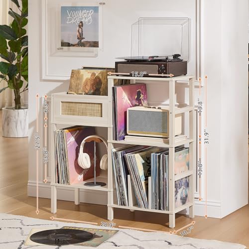 LELELINKY Record Player Stand, White Cream Oak Wood Record - Image 3
