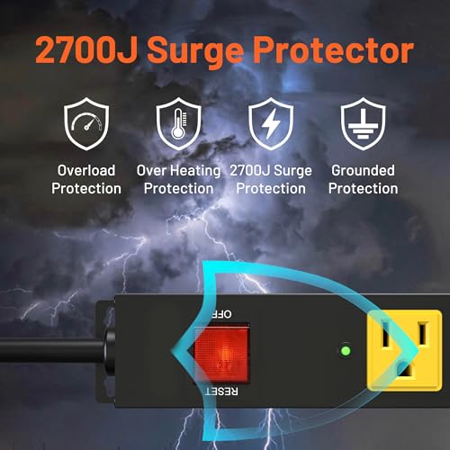 Heavy Duty 6 Outlet Metal Long Power Strip, 2700J Surge Protector - Image 5