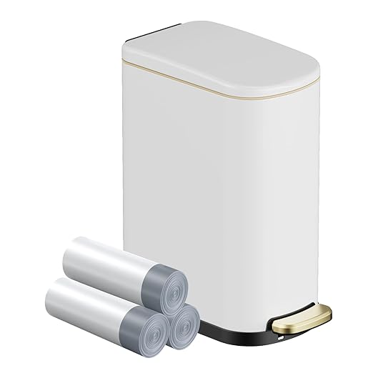 2.6 Gal Stainless Steel Trash Can with Soft Close Stay Open Lid, Small Rectangular 10L Waste bin for Narrow Space, Waterproof, Odor Protection, White