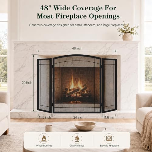 48"W X29"H Wrought Iron Fireplace Screen, 3-Panel Spark Guard - Image 3