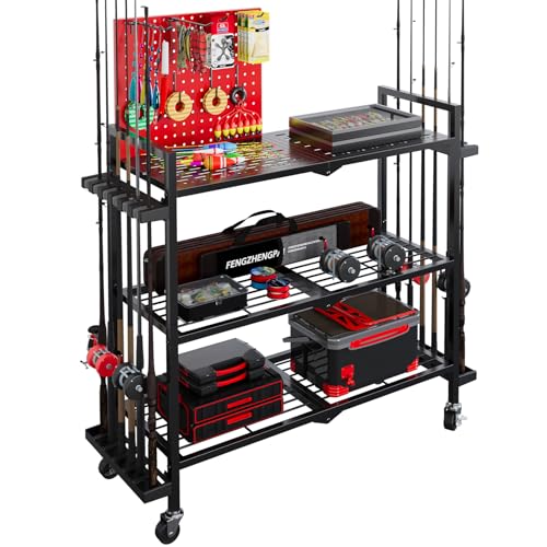 Fishing Rod Holders for Garage, 12-Slot Rolling Pegboard Cart - Image 2