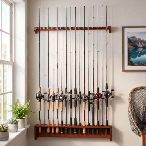 16-Rod Fishing Rod Rack, Wall Mount Oak Wood Pole Holder, Walnut - Image 3