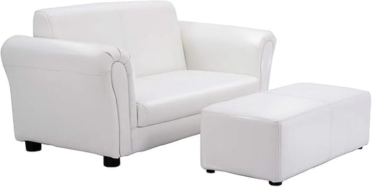Costzon Kids Couch with Footstool, 2 in 1 Double Seat Children's Sofa w/PU Leather Surface, Armrest Chair Lounge, Soft Sofa for Preschool Bedroom Kids Room Toddlers Boys Girls Birthday (White)
