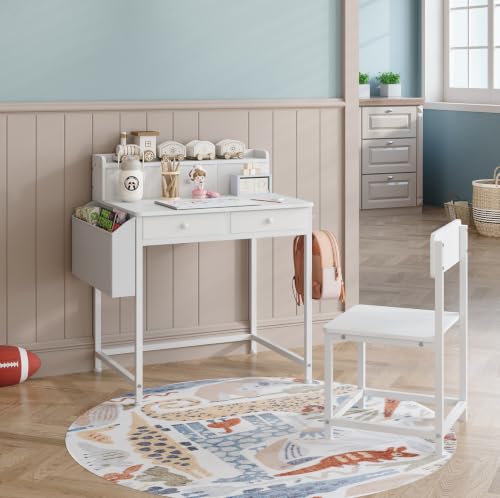 Kids Desk and Chair Set with 5 Fabrics Drawers, Ages 5-8, White - Image 6
