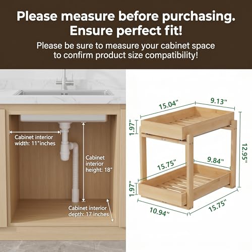 Bamboo Under Sink Organizer Adjustable Height 2 Tier Bathroom - Image 3