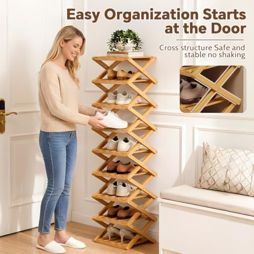 9 Tier Bamboo Shoe Rack, Foldable Narrow Shoe Organizer - Image 4