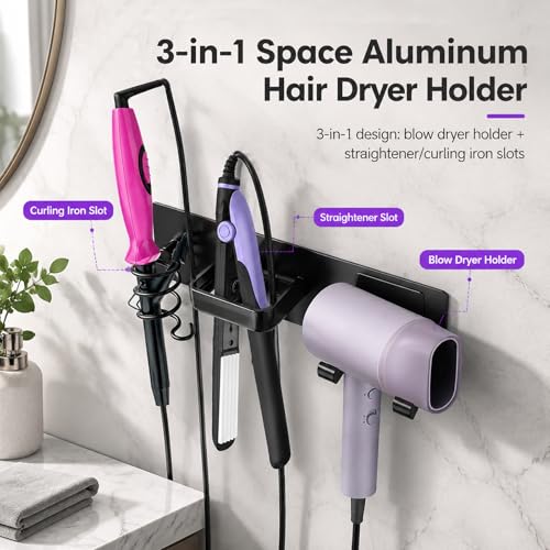 Hair Dryer Holder Wall Mounted, 3 in 1 Blow Dryer Holder - Image 4