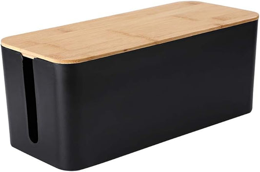 PowerKing Cable Management Boxes Organizer, Bamboo Lid, Large Storage Wires Keeper Holder for Desk, TV, Computer, USB Hub, System to Cover and Hide & Power Strips & Cords (Luxury Black)
