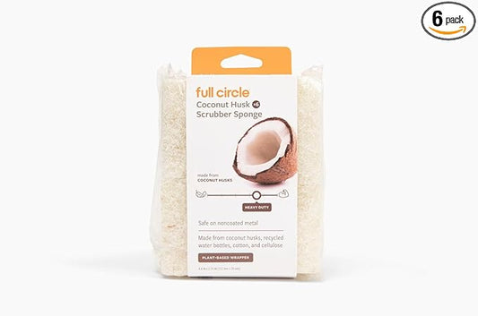 Full Circle Coconut Scrubber Sponges, Pack of 6 – Dual-Sided, Plant-Based Sponges Made with Coconut Shells, Cellulose & Recycled Materials, Safe for Nonstick Cookware