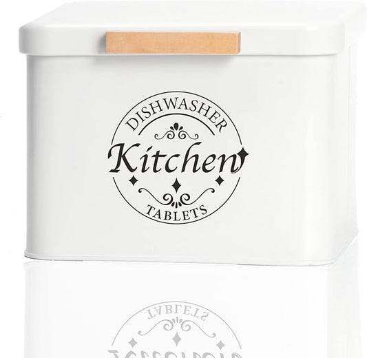 Dishwasher Pod Container with Hinged Lid. Farmhouse Metal Dishwaser Pods Holder for Kitchen Cabinet Organizer. Modern Kitchen Decor and Accessories. Dishwasher Detergent Tablet Storage(Cream)
