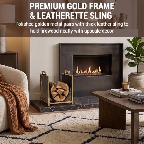 MyGift Gold Metal Wire Mesh Firewood Rack with Black - Image 4