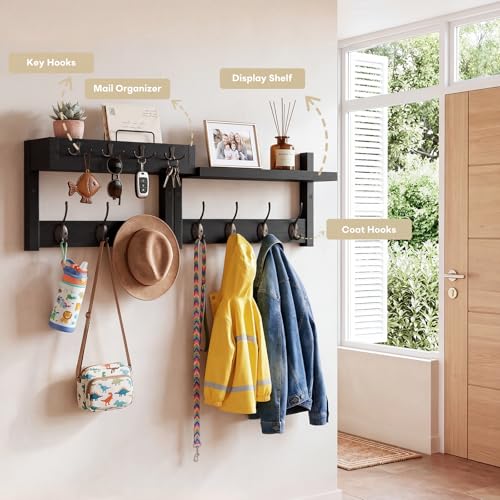 29" Coat Rack Wall Mount with Shelf, Mail & Key Organizer, Black - Image 5