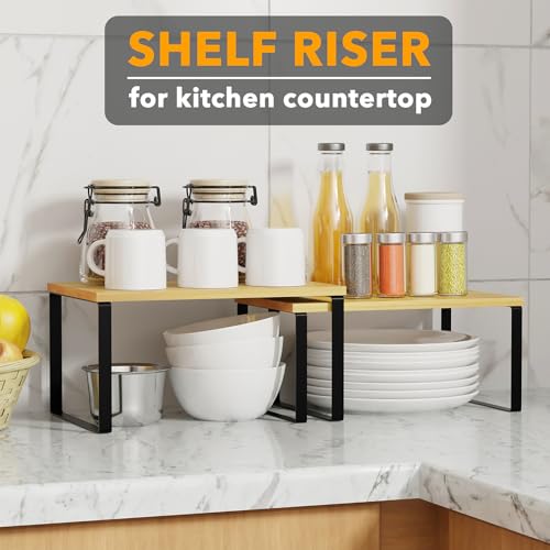 SpaceAid Cabinet Shelf Organizers 2 Pack, Kitchen Counter Rack Shelves Riser, Stackable Expandable Spice Rack, Pantry Cupboard Storage Organization (Black and Natural, Short) - Image 5