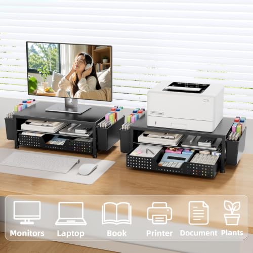 2-Tier Monitor Stand with Drawer, Metal Desk Riser, Black - Image 6