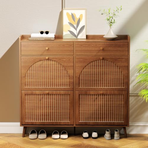 Shoe Storage Cabinet for Entryway with 6 Flip Drawers, Walnut - Image 2