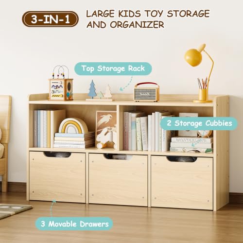 Solid Wood Kids Toy Storage Organizer with 3 Drawers & 2 Cubes - Image 5