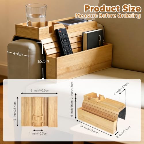 Bamboo Sofa Armrest Tray, Foldable Couch Caddy, 4–6 Inch Arms - Image 3
