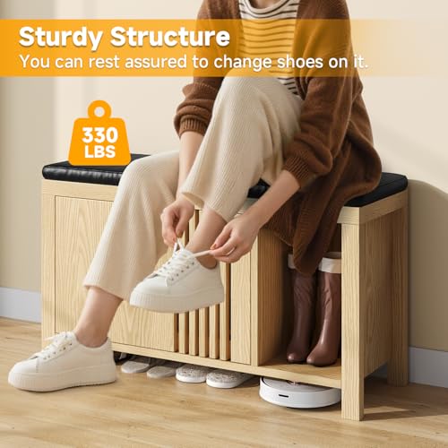UNIQUITE 40" Shoe Storage Bench with Flip Drawers & Padded - Image 7