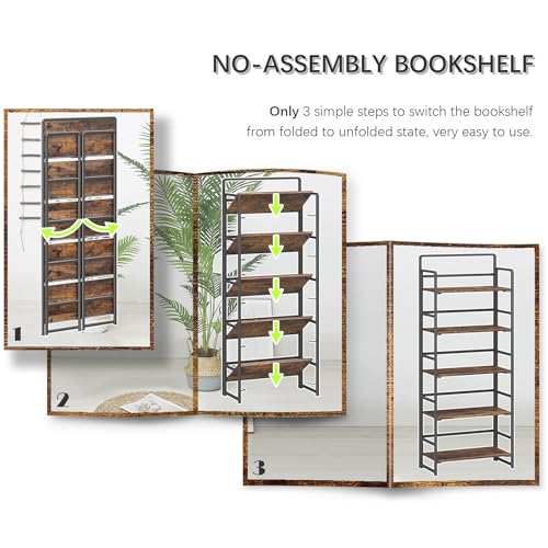 No Assembly 5 Tier Folding Bookshelf Tall Storage Shelves - Image 7