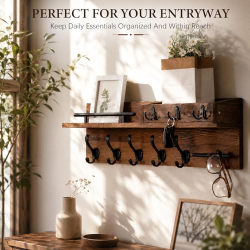 Wall Mount Wooden Coat Rack with Shelf, Entryway Key Hook - Image 5