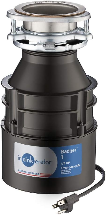 InSinkErator Garbage Disposal with Cord, Badger 1, 1/3 HP Continuous Feed & DWC-00 Dishwasher Connector Kit