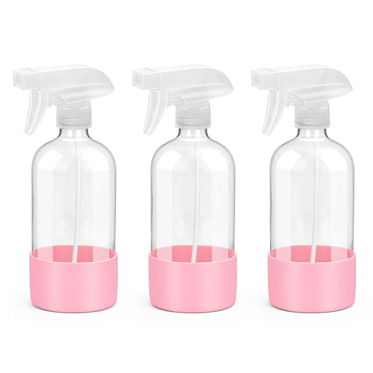 Glass Spray Bottles with Silicone Sleeve Protection, Empty 16 oz Refillable Containers, Reusable Spray Bottles with Adjustable Nozzle for Hair, Cleaning Solutions, 3 Pack Pink