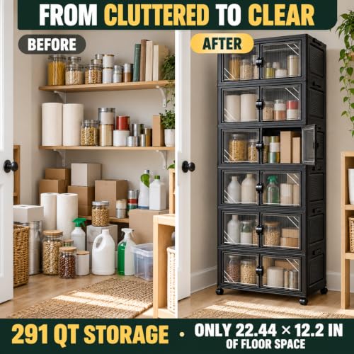 291QT Foldable Storage Cabinet with Wheels & Lid, 6-Tier Black - Image 5