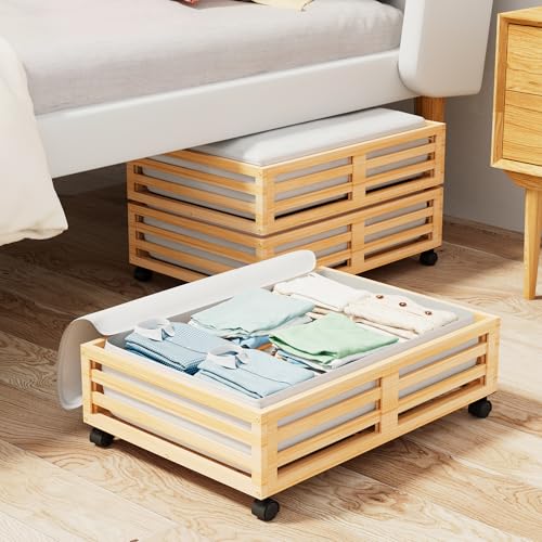 2 Packs Bamboo Under Bed Storage Organizer with Wheels - Image 3