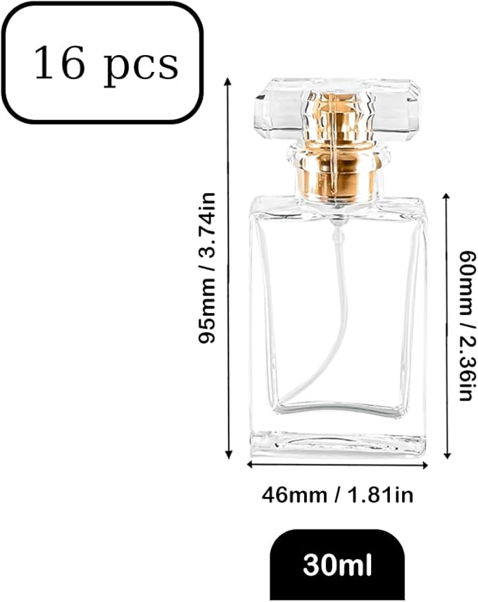 Glass Perfume Bottle Empty Refillable 16Pack Clear Travel Perfume Spray Atomizer Bottle 30ml Perfume Fine Mist Spray Perfume Bottle Atomizer Container with Sprayer Applicator (Clear Square 30ml 16PCS)