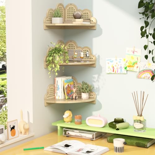 Cloud Rattan Corner Floating Shelves,3 Pack Solid Wood Boho - Image 6