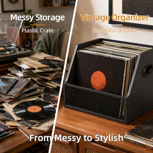 Vinyl Record Storage Crate for 60+ Records, Wooden Record Holder - Image 7