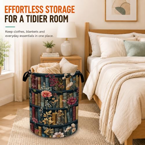 Vintage Bookshelf Flowers Laundry Basket,Foldable Oxford - Image 7