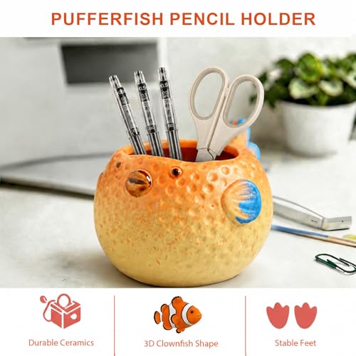 Ceramic Pufferfish Shaped Pen Pencil Holder for Desk Decoration - Image 4