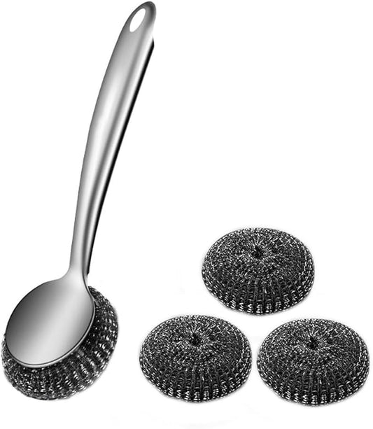 Steel Wool Dish Scrubber, Stainless Steel Scrubber Long Handle with Replacement Balls Ergonomic Design for Dishes, Pans, Grills, Stoves