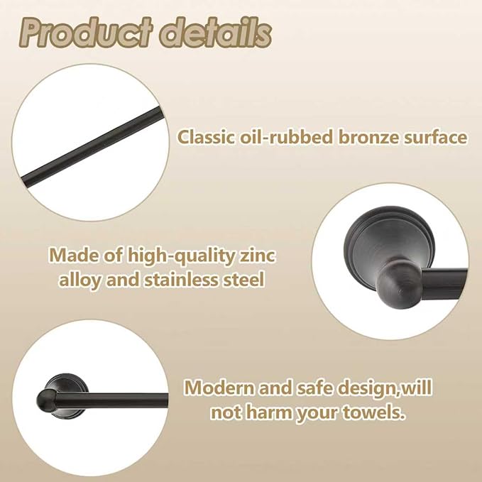 24 Inch Bathroom Towel Bar, Oil Rubbed Bronze Wall Mounted Towel Rack, Bathroom Towel Holder for Hand Towels, Stylish Towel Bar for Bathroom Decor