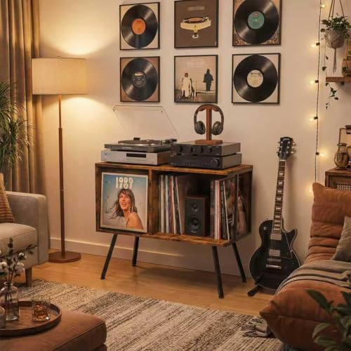 Record Player Stand with Flip-Down Record Shelf, Rustic Brown - Image 3