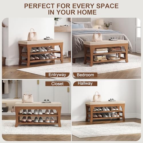 27.6" Shoe Storage Bench with Cushion, Bamboo Shoe Rack Bench - Image 8
