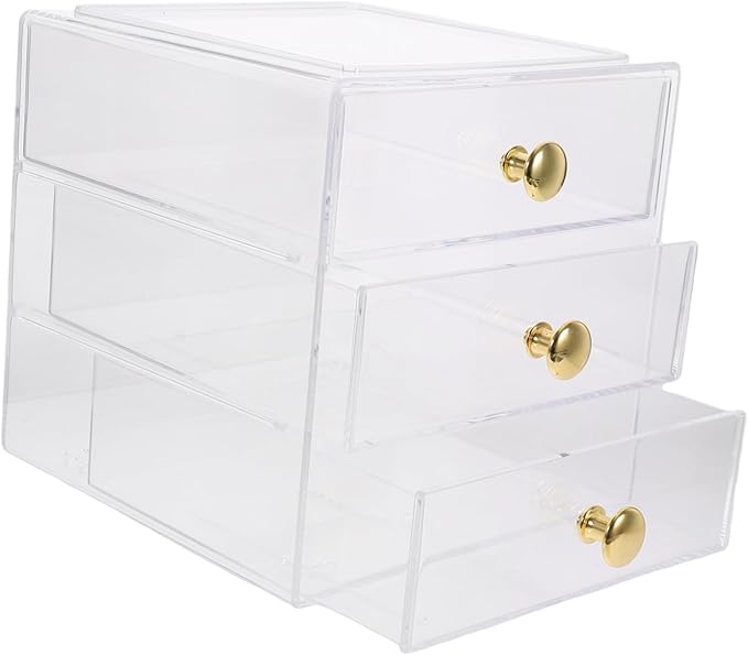 3-Layer Stackable Drawer Organizer Storage Box Gold Handles Acrylic Makeup and Jewelry Display Case for Desktop Bathroom and Vanity