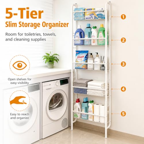 Behind the Door Bathroom Storage Shelf, 5-Tier Slim Organizer - Image 6