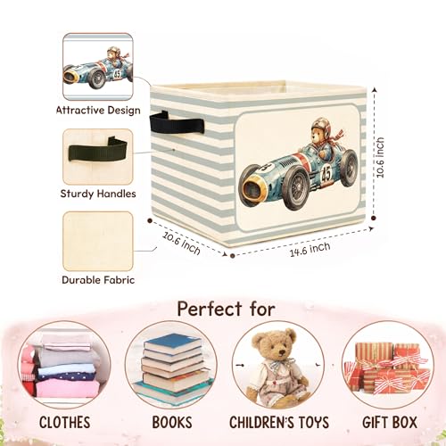 Race Car Bear Storage Bin, Blue Gray Stripe Foldable Fabric - Image 5