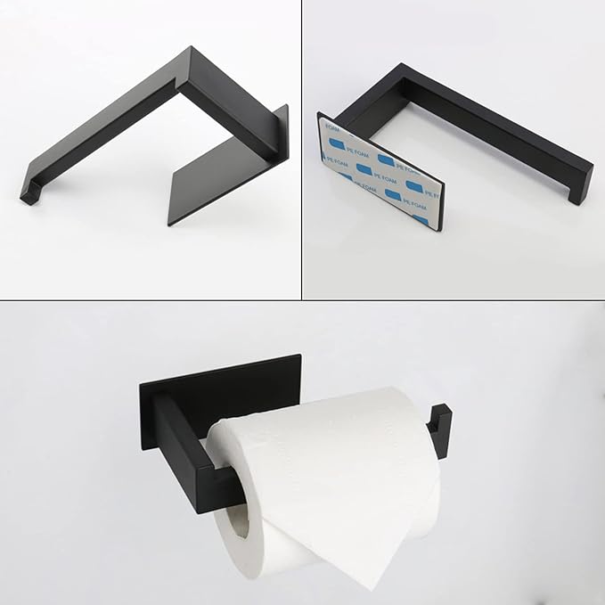 5 Pieces Self Adhesive Bathroom Hardware Set-SUS304 Stainless Steel-Towel Rack Set Include 24″Towel Bar+Toilet Paper Holder+3 Towel/Robe Hooks Bathroom Accessory Towel Bar Set (Black, 24 in)