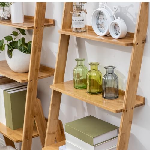 Maydear Bamboo Ladder Shelf Bookcase, 5-Tier Leaning - Image 7